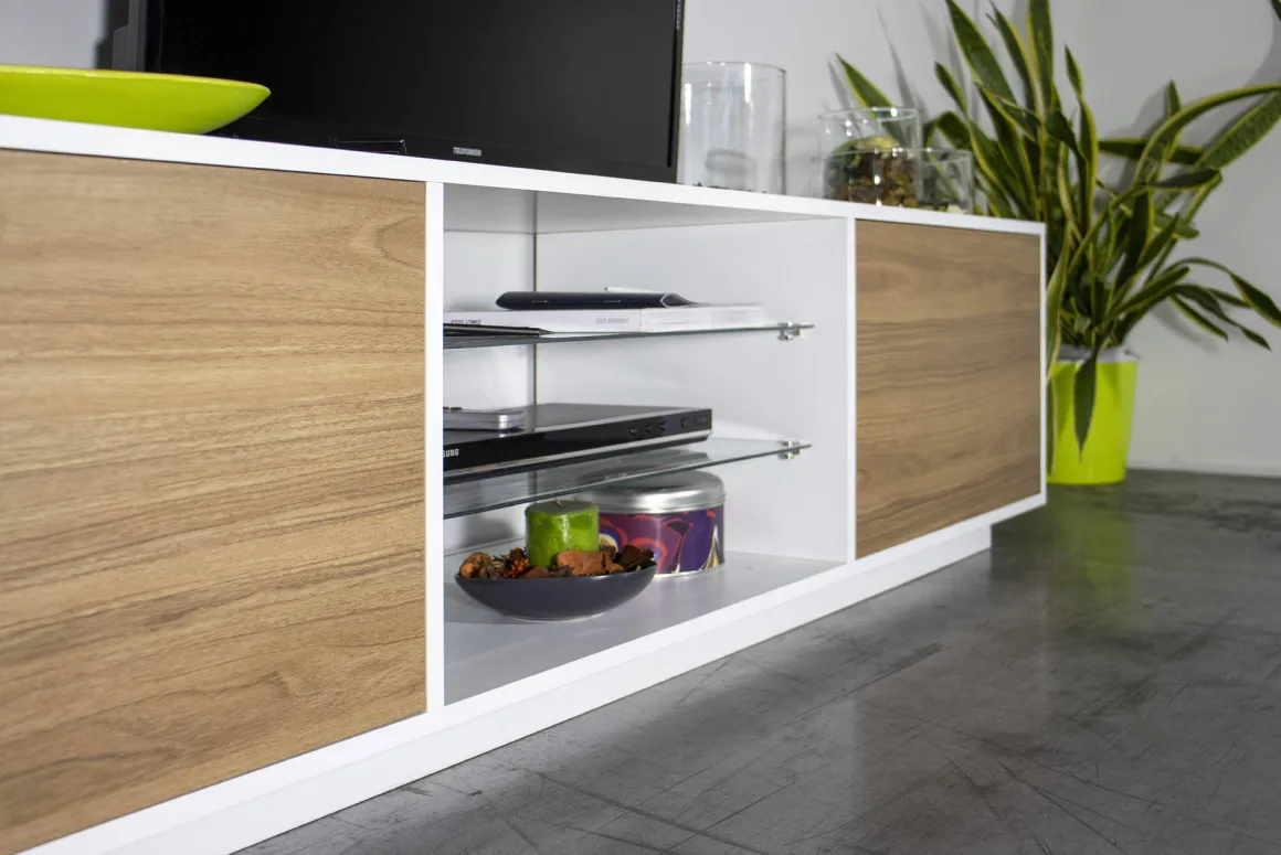 Mobile TV bianco lucido e noce 180x41x46h cm 2 ante - Lola