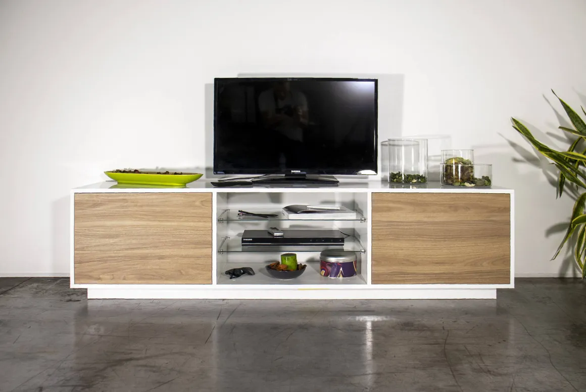 Mobile TV bianco lucido e noce 180x41x46h cm 2 ante - Lola