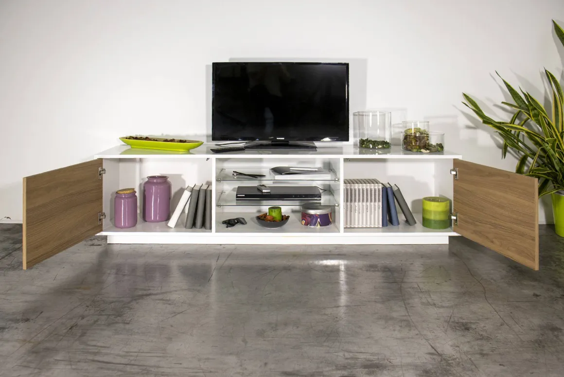 Mobile TV bianco lucido e noce 180x41x46h cm 2 ante - Lola