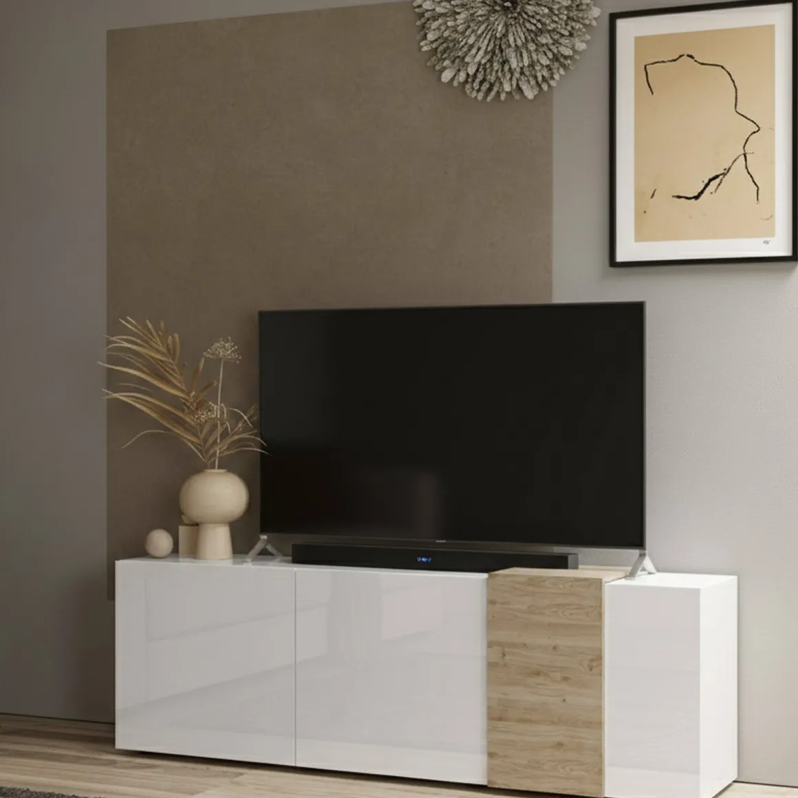 Mobile TV bianco lucido e rovere 181x44x59h cm 3 ante - Sidr
