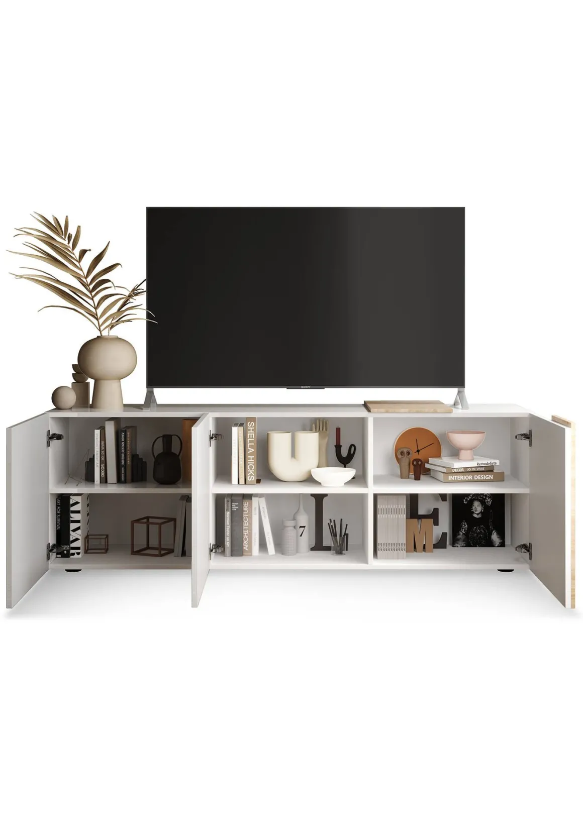 Mobile TV bianco lucido e rovere 181x44x59h cm 3 ante - Sidr