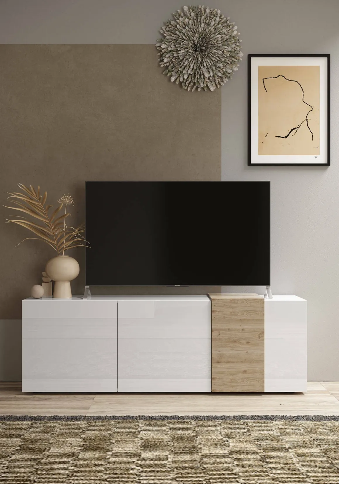 Mobile TV bianco lucido e rovere 181x44x59h cm 3 ante - Sidr