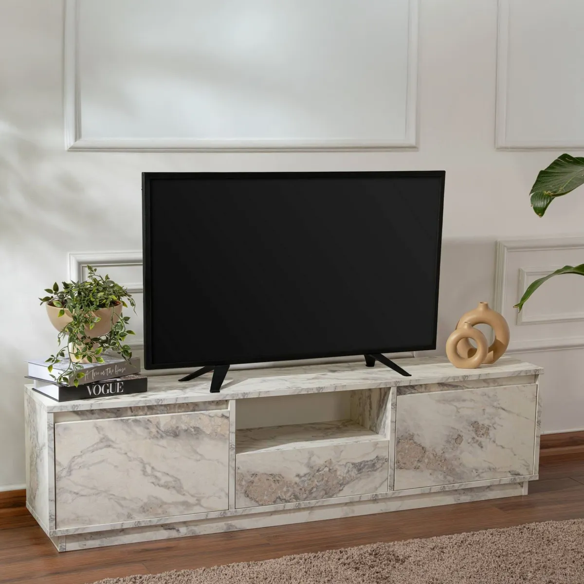 Mobili Porta Tv > Dmora Mobile TV marmo 160x29x42h cm 3 ante - Morrigan Grigio Marmo, Bianco Marmo