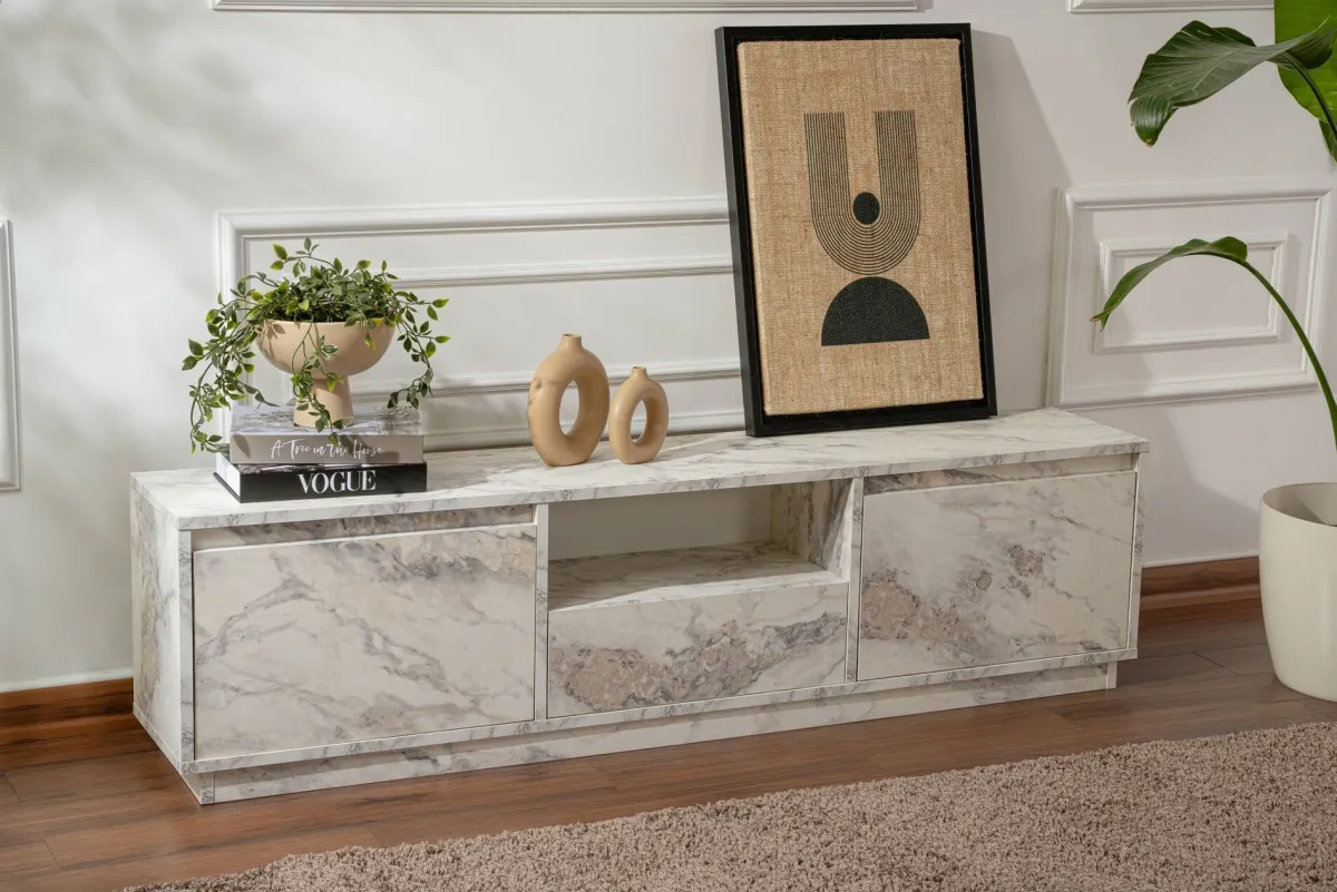 Mobili Porta Tv > Dmora Mobile TV marmo 160x29x42h cm 3 ante - Morrigan Grigio Marmo, Bianco Marmo