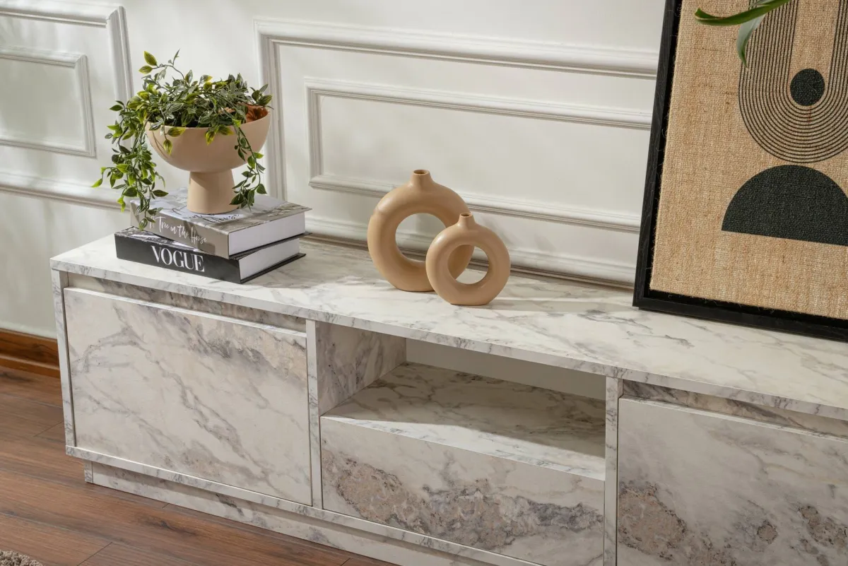 Mobili Porta Tv > Dmora Mobile TV marmo 160x29x42h cm 3 ante - Morrigan Grigio Marmo, Bianco Marmo