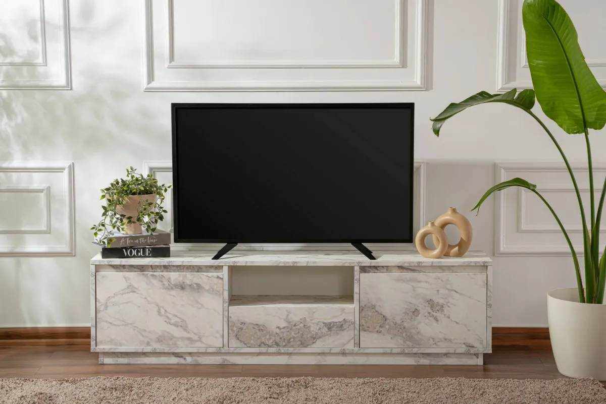 Mobili Porta Tv > Dmora Mobile TV marmo 160x29x42h cm 3 ante - Morrigan Grigio Marmo, Bianco Marmo