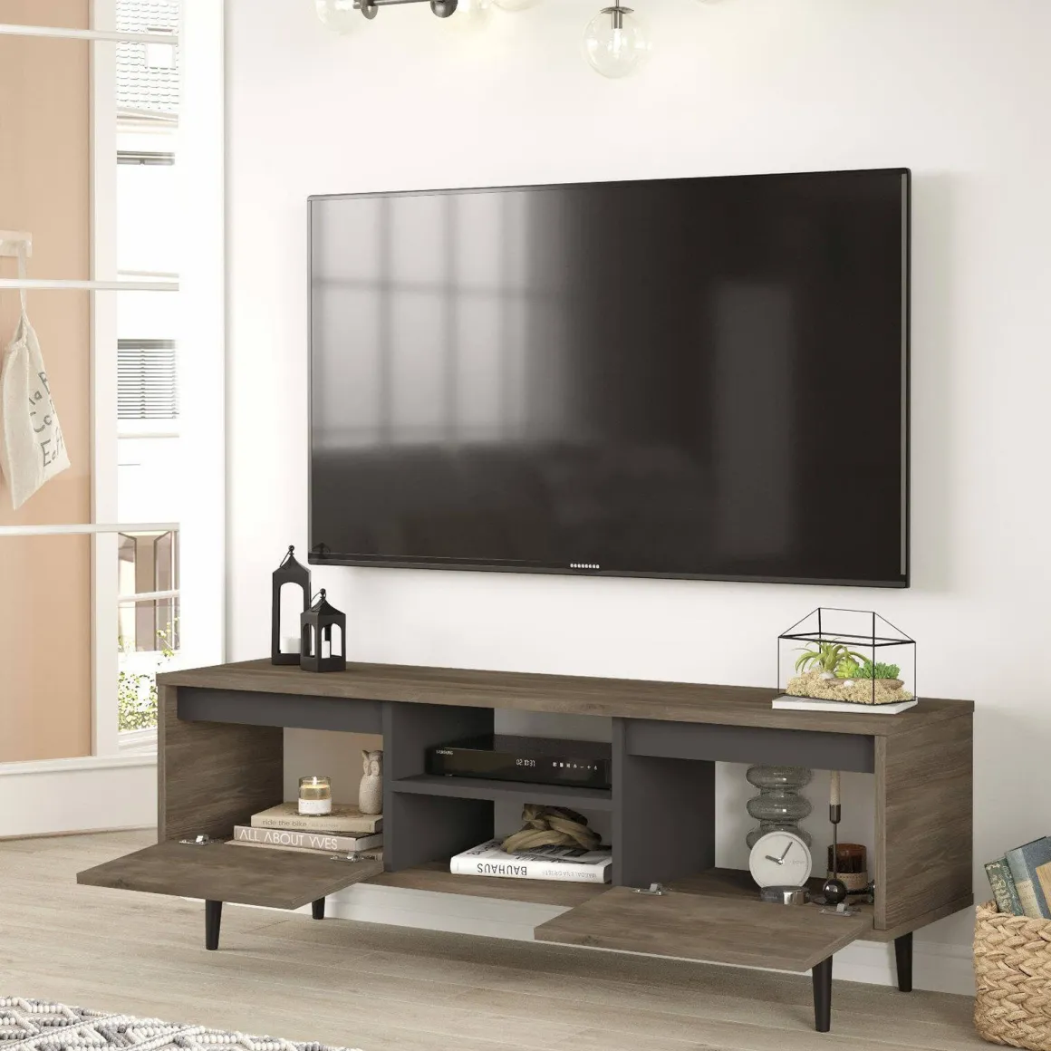 Mobile TV marrone e antracite 140x35x48h cm 2 ante - Toscana