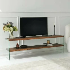 Mobili Porta Tv > Dmora Mobile TV marrone e trasparente 140x35x45h cm in legno - Umbria Trasparente, Marrone