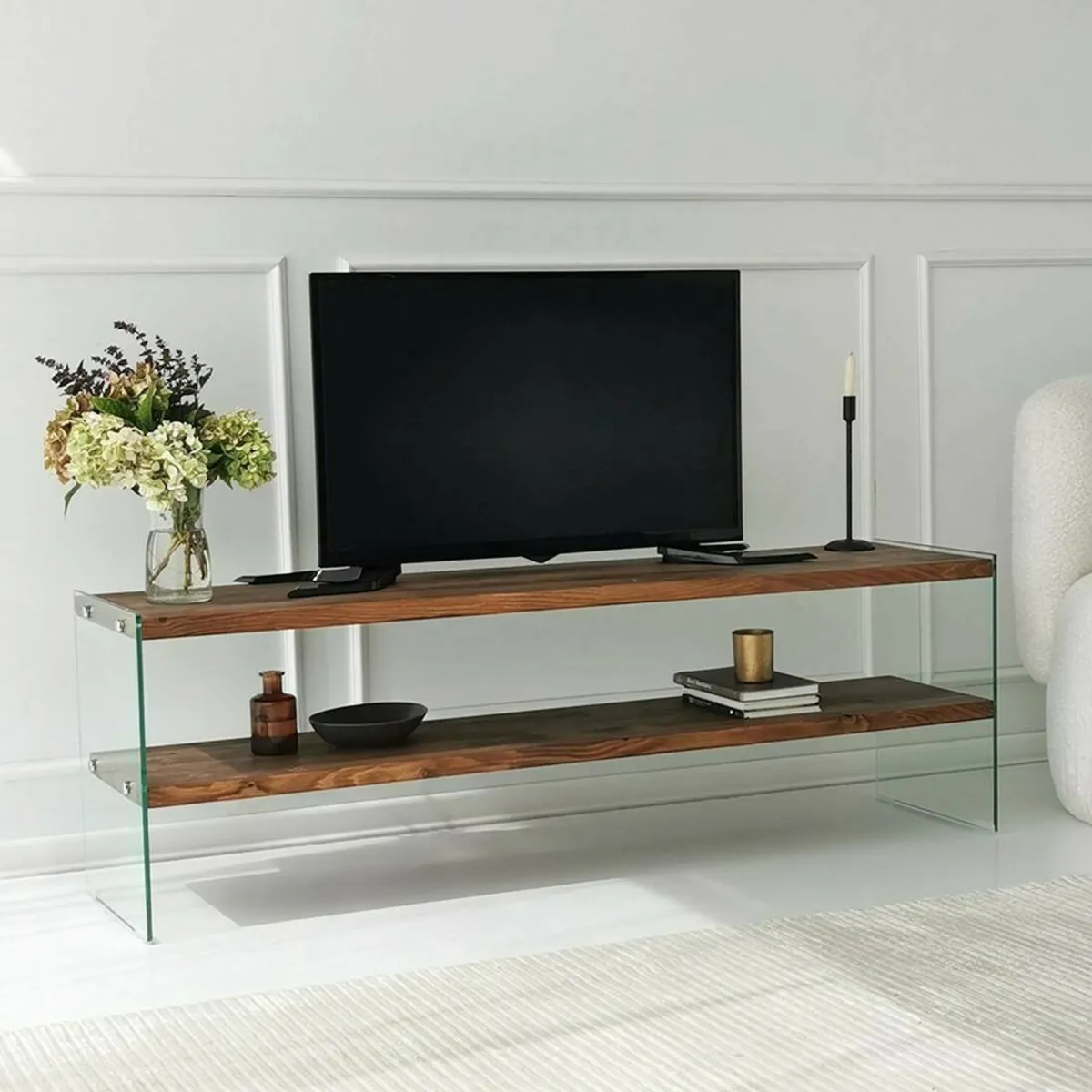 Mobili Porta Tv > Dmora Mobile TV marrone e trasparente 140x35x45h cm in legno - Umbria Trasparente, Marrone