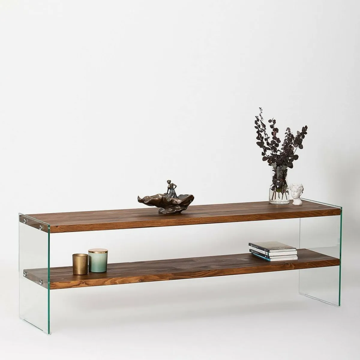 Mobili Porta Tv > Dmora Mobile TV marrone e trasparente 140x35x45h cm in legno - Umbria Trasparente, Marrone