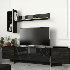 Mobili Porta Tv|Salotto > Dmora Mobile TV nero e oro 180x32x45h cm 3 ante - Beinasco Oro, Nero