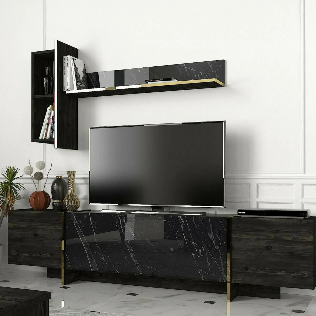 Mobili Porta Tv|Salotto > Dmora Mobile TV nero e oro 180x32x45h cm 3 ante - Beinasco Oro, Nero