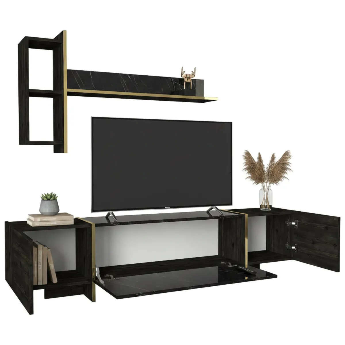 Mobili Porta Tv|Salotto > Dmora Mobile TV nero e oro 180x32x45h cm 3 ante - Beinasco Oro, Nero
