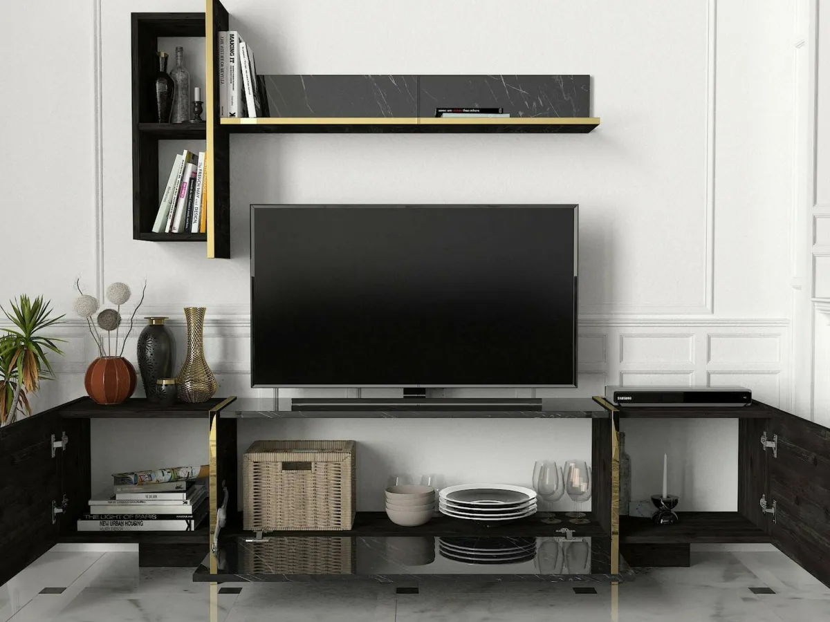 Mobili Porta Tv|Salotto > Dmora Mobile TV nero e oro 180x32x45h cm 3 ante - Beinasco Oro, Nero