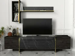Mobili Porta Tv|Salotto > Dmora Mobile TV nero e oro 180x32x45h cm 3 ante - Beinasco Oro, Nero