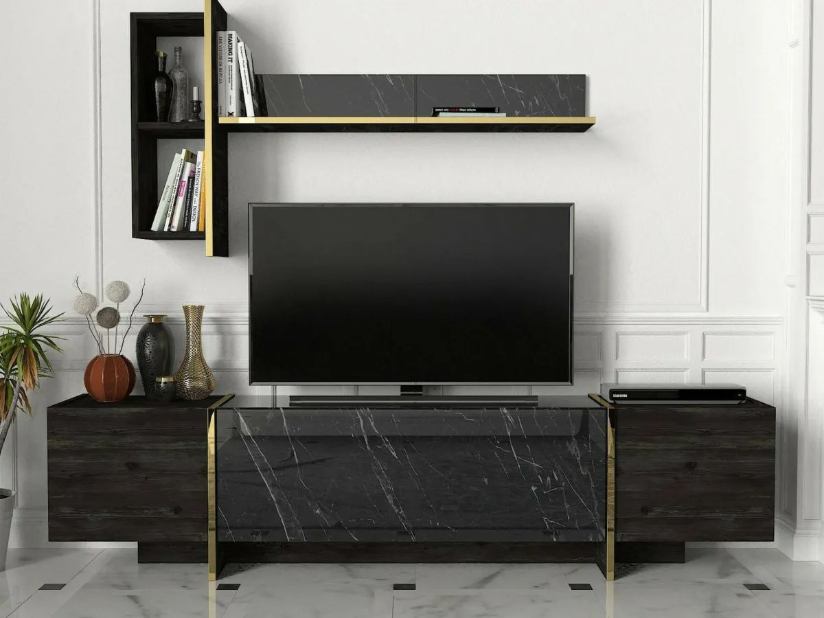 Mobili Porta Tv|Salotto > Dmora Mobile TV nero e oro 180x32x45h cm 3 ante - Beinasco Oro, Nero
