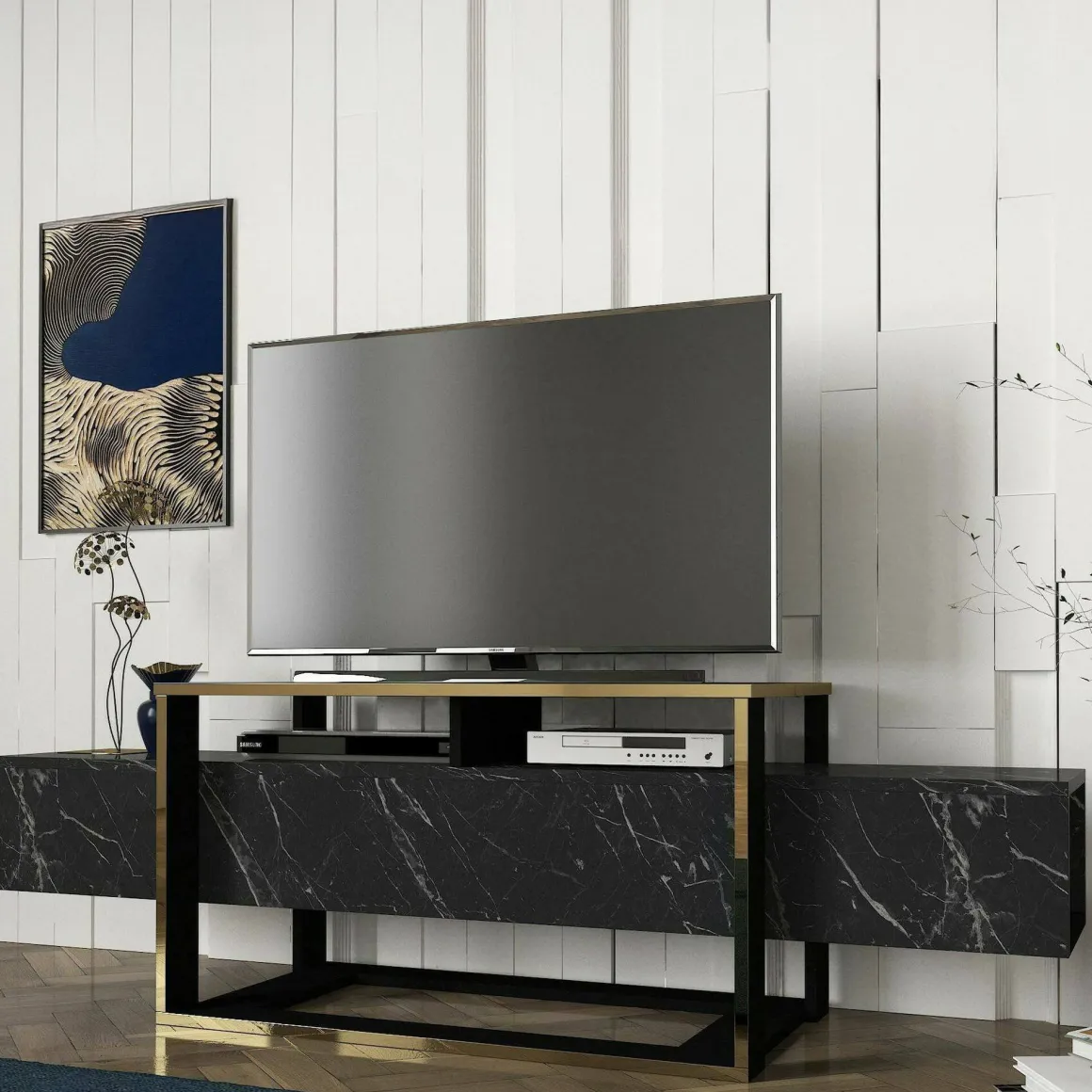 Mobile TV nero e oro 160x46x49h cm in legno - Jo