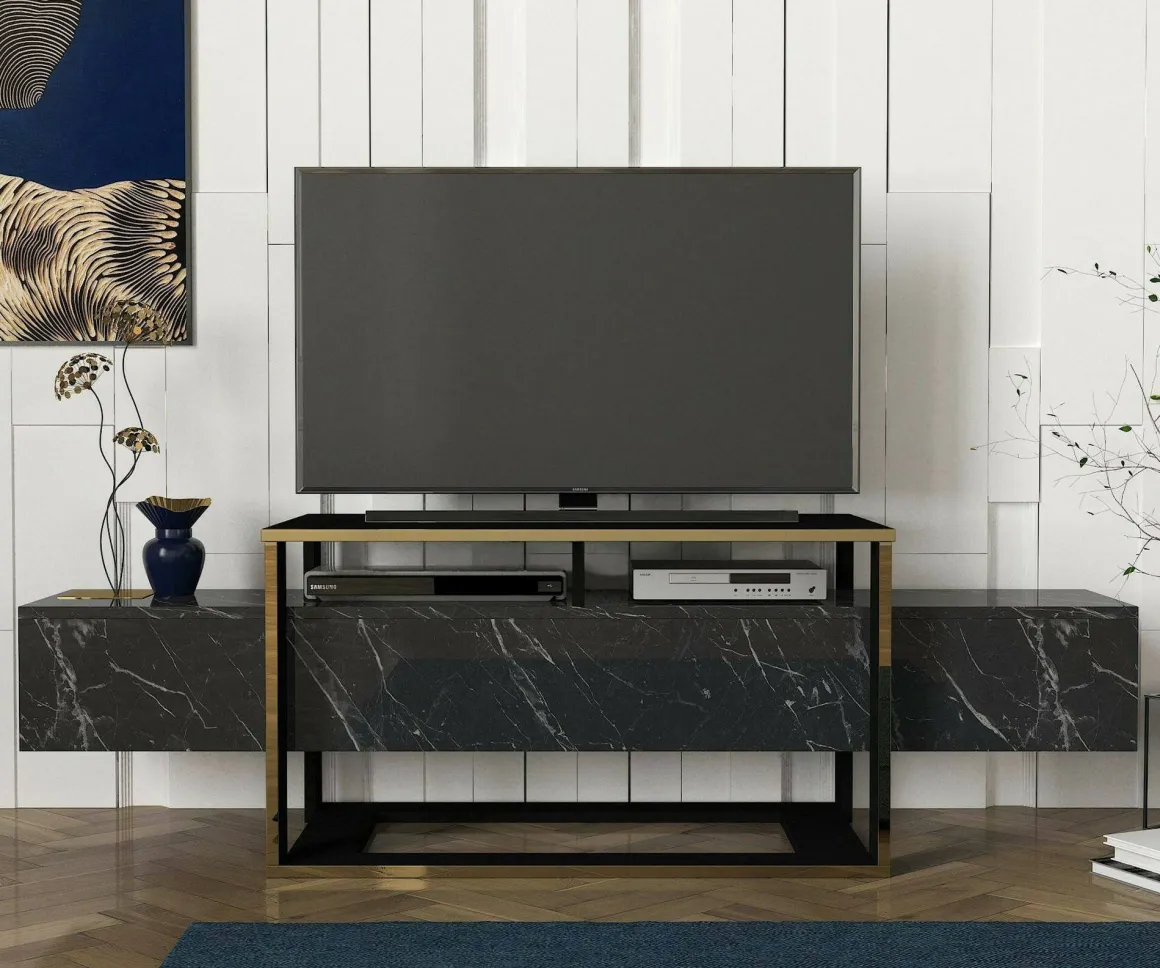 Mobile TV nero e oro 160x46x49h cm in legno - Jo