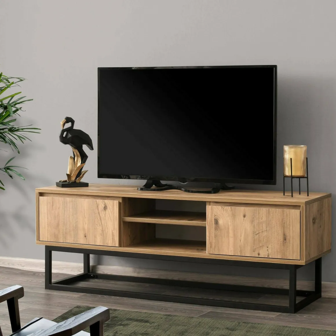 Mobili Porta Tv|Salotto > Dmora Mobile TV nero e quercia 180x40x50h cm in legno - Kira Marrone, Nero Quercia