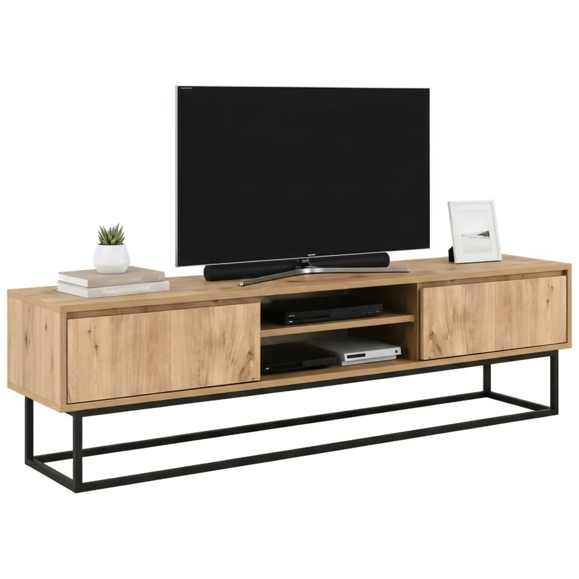 Mobili Porta Tv|Salotto > Dmora Mobile TV nero e quercia 180x40x50h cm in legno - Kira Marrone, Nero Quercia