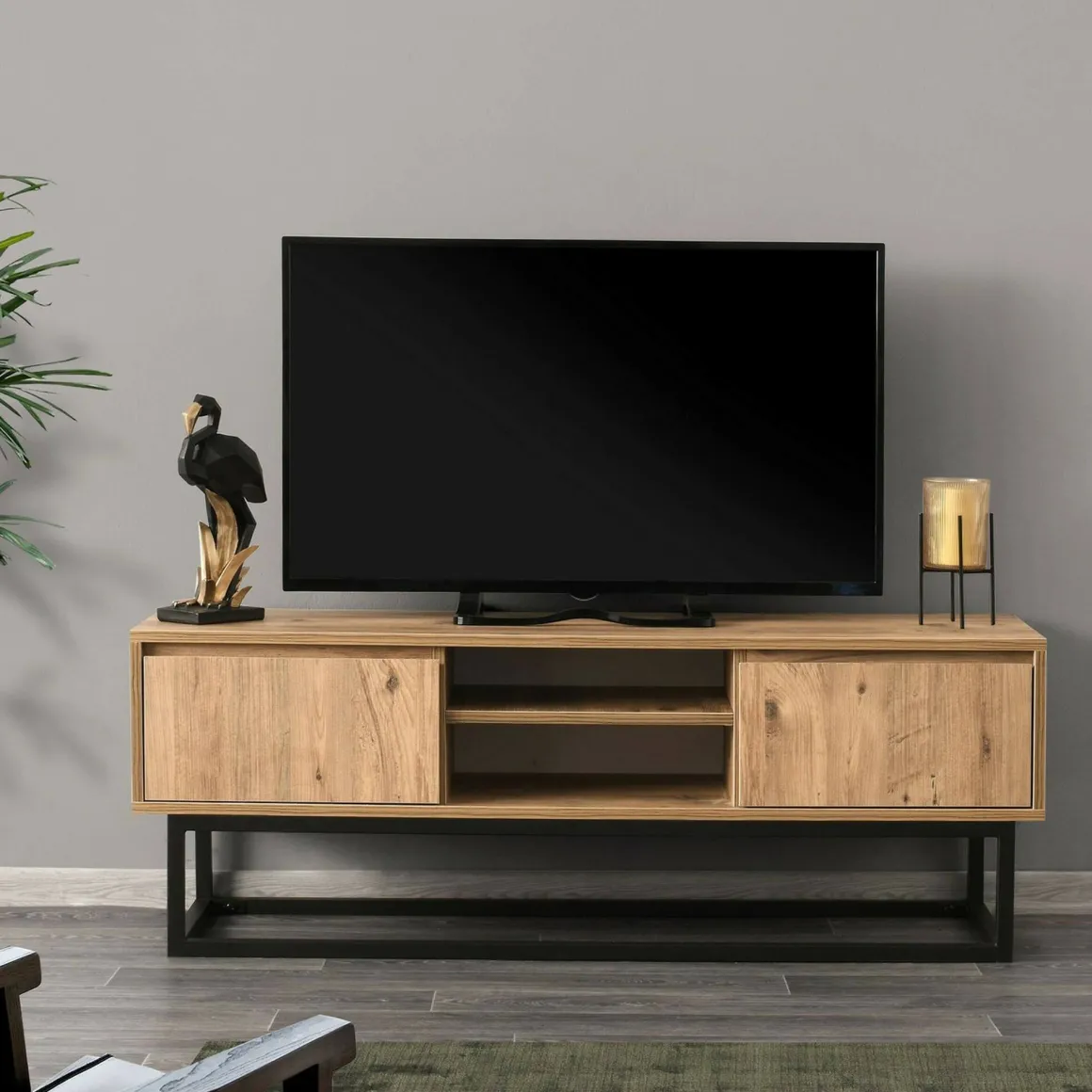 Mobili Porta Tv|Salotto > Dmora Mobile TV nero e quercia 180x40x50h cm in legno - Kira Marrone, Nero Quercia