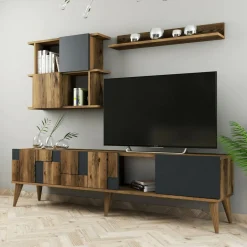 Mobili Porta Tv|Salotto > Dmora Mobile TV noce e antracite 180x33x48h cm 4 ante - Dora Nero Antracite, Marrone Noce