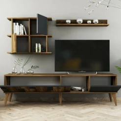 Mobili Porta Tv|Salotto > Dmora Mobile TV noce e antracite 180x33x48h cm 4 ante - Dora Nero Antracite, Marrone Noce
