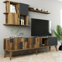 Mobili Porta Tv|Salotto > Dmora Mobile TV noce e antracite 180x33x48h cm 4 ante - Dora Nero Antracite, Marrone Noce