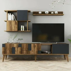 Mobili Porta Tv|Salotto > Dmora Mobile TV noce e antracite 180x33x48h cm 4 ante - Dora Nero Antracite, Marrone Noce