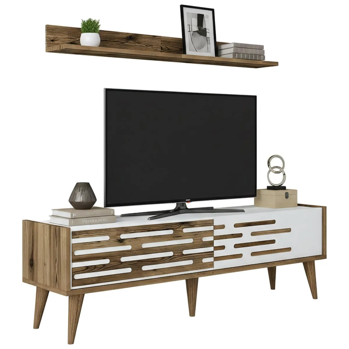 Mobili Porta Tv|Salotto > Dmora Mobile TV noce e bianco 140x45x35h cm 2 ante - Arsiero Bianco, Marrone Noce