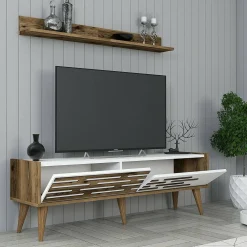 Mobili Porta Tv|Salotto > Dmora Mobile TV noce e bianco 140x45x35h cm 2 ante - Arsiero Bianco, Marrone Noce