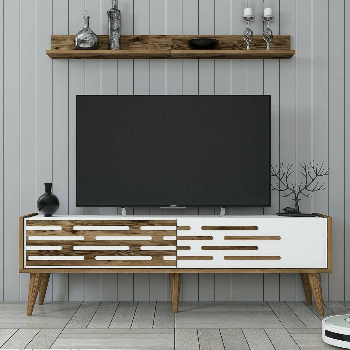 Mobili Porta Tv|Salotto > Dmora Mobile TV noce e bianco 140x45x35h cm 2 ante - Arsiero Bianco, Marrone Noce