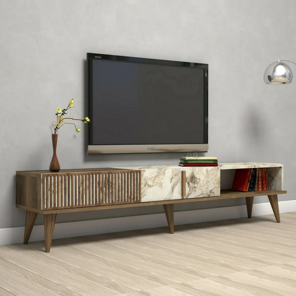 Mobili Porta Tv|Salotto > Dmora Mobile TV noce e bianco 180x35x44h cm 2 ante - Teia Bianco, Marrone Noce