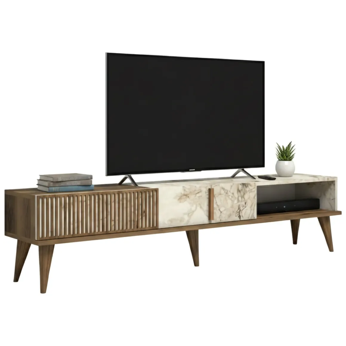 Mobili Porta Tv|Salotto > Dmora Mobile TV noce e bianco 180x35x44h cm 2 ante - Teia Bianco, Marrone Noce