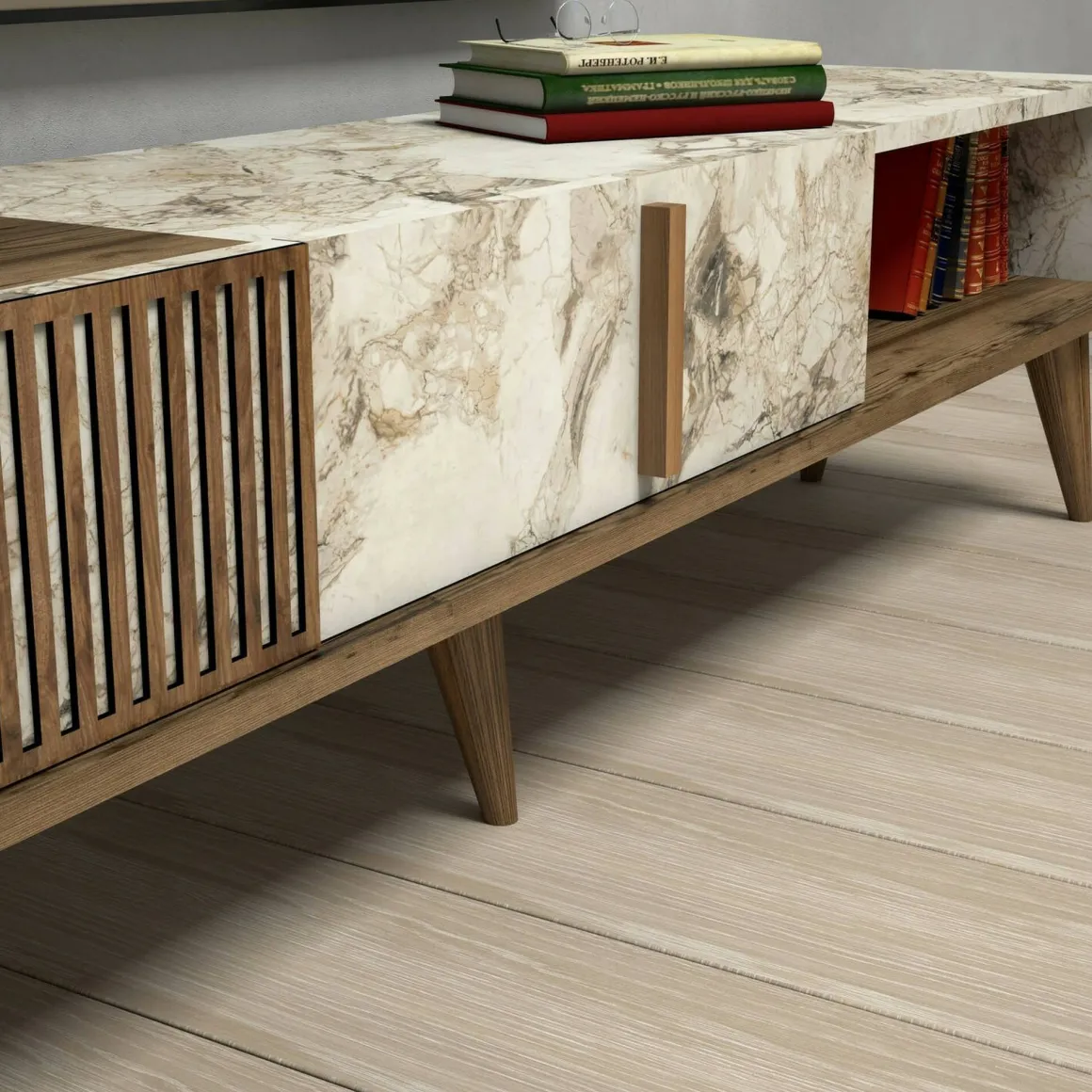Mobili Porta Tv|Salotto > Dmora Mobile TV noce e bianco 180x35x44h cm 2 ante - Teia Bianco, Marrone Noce