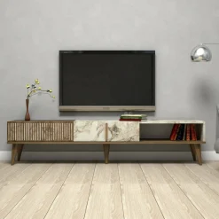 Mobili Porta Tv|Salotto > Dmora Mobile TV noce e bianco 180x35x44h cm 2 ante - Teia Bianco, Marrone Noce