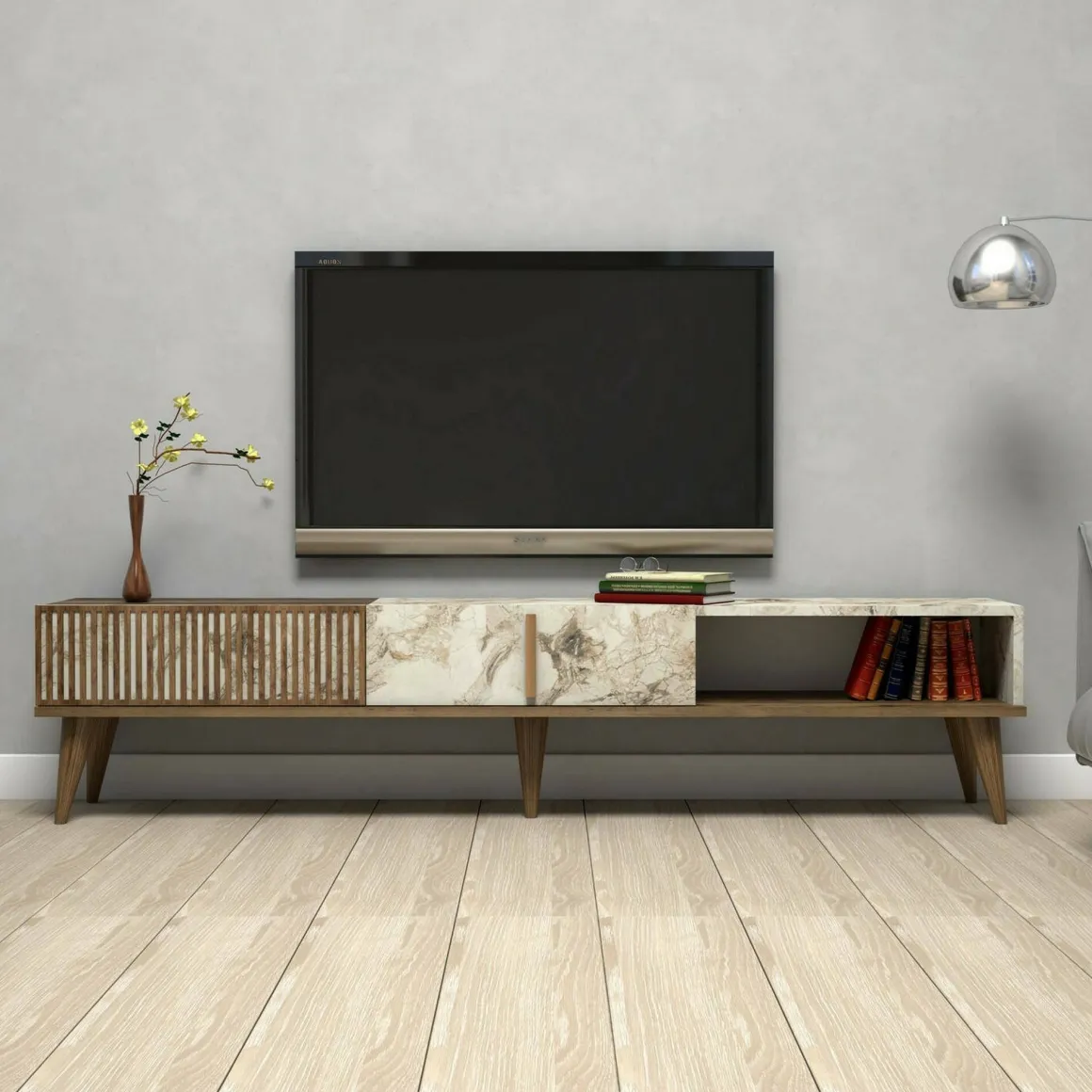 Mobili Porta Tv|Salotto > Dmora Mobile TV noce e bianco 180x35x44h cm 2 ante - Teia Bianco, Marrone Noce