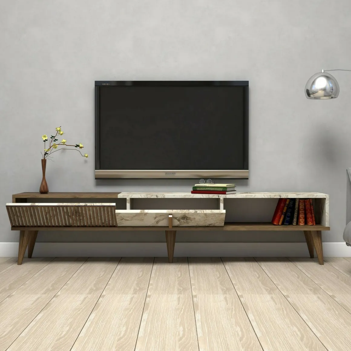 Mobili Porta Tv|Salotto > Dmora Mobile TV noce e bianco 180x35x44h cm 2 ante - Teia Bianco, Marrone Noce