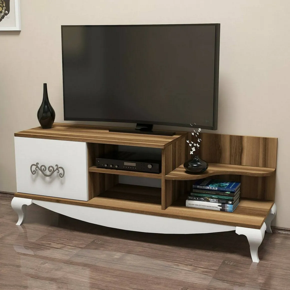 Mobile TV noce e bianco 130x45x50h cm in legno - Assolo