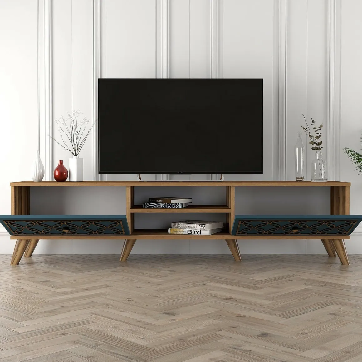 Mobile TV noce e blu 180x35x44h cm 2 ante - Albonese