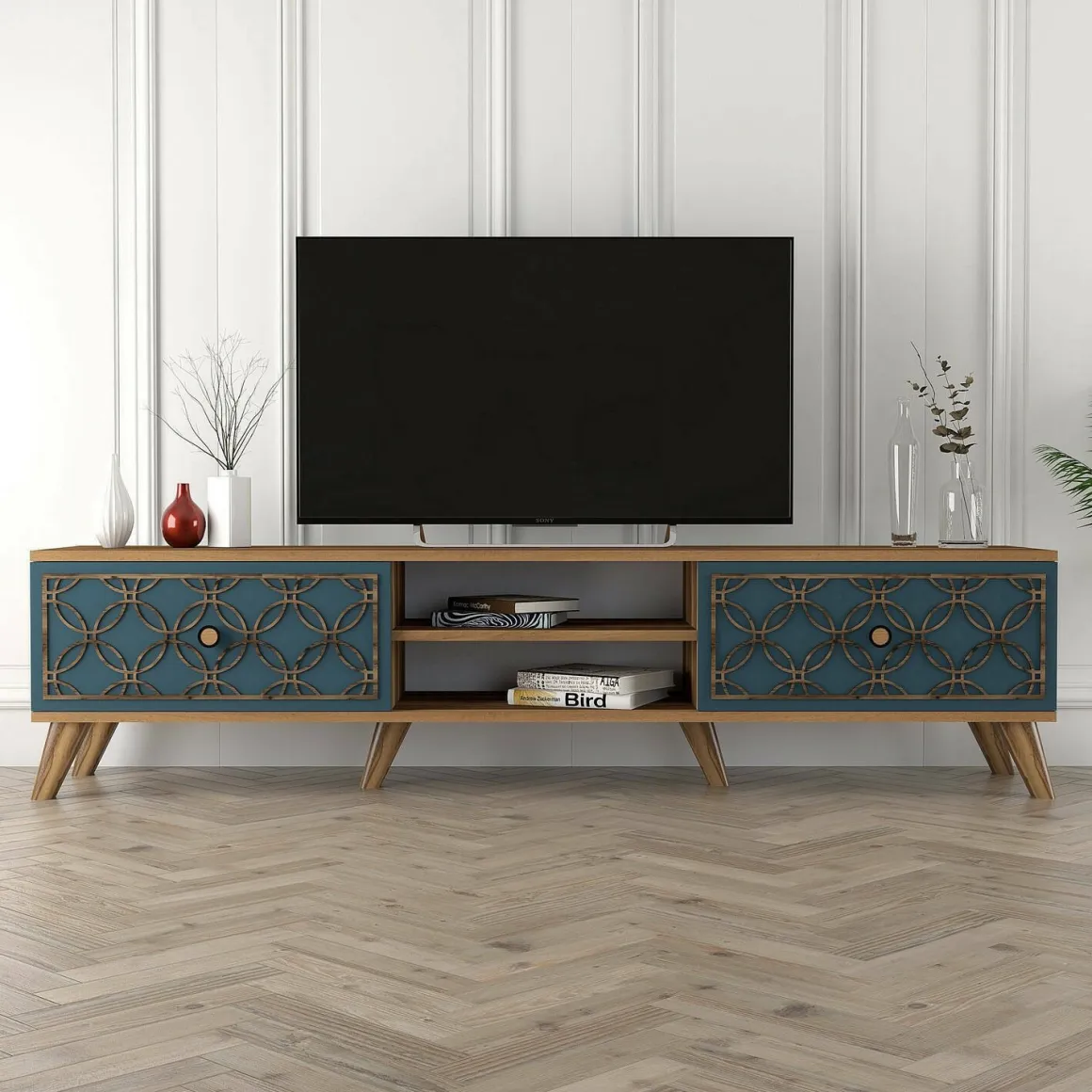 Mobile TV noce e blu 180x35x44h cm 2 ante - Albonese