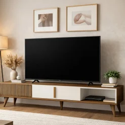 Mobili Porta Tv > Dmora Mobile TV noce e crema 180x35x40h cm 2 ante - Gordon Bianco Crema, Marrone Noce