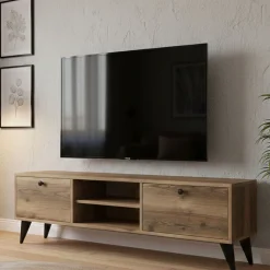 Mobili Porta Tv|Salotto > Dmora Mobile TV noce e nero 140x40x50h cm 2 ante e 3 cassetti - Iginia Nero, Marrone Noce