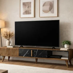 Mobili Porta Tv > Dmora Mobile TV noce e nero 180x35x40h cm in legno - Gordon Nero, Marrone Noce