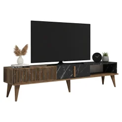 Mobili Porta Tv > Dmora Mobile TV noce e nero 180x35x40h cm in legno - Gordon Nero, Marrone Noce