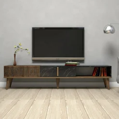 Mobili Porta Tv > Dmora Mobile TV noce e nero 180x35x40h cm in legno - Gordon Nero, Marrone Noce
