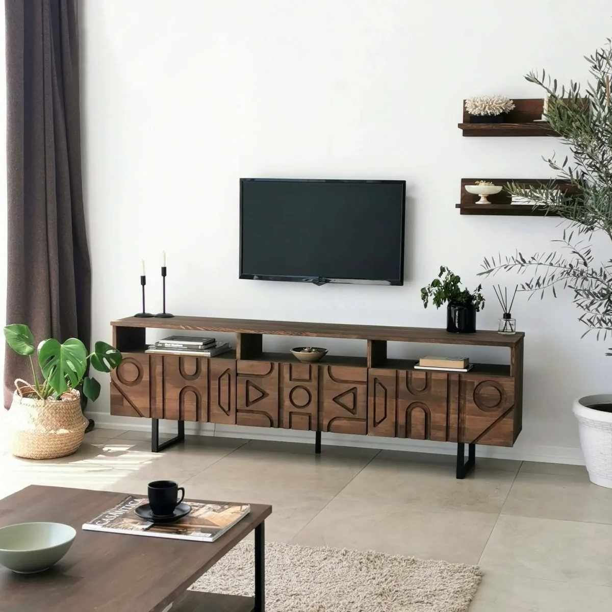 Mobili Porta Tv|Salotto > Dmora Mobile TV noce 170x30x40h cm 3 ante - Barete Marrone Noce