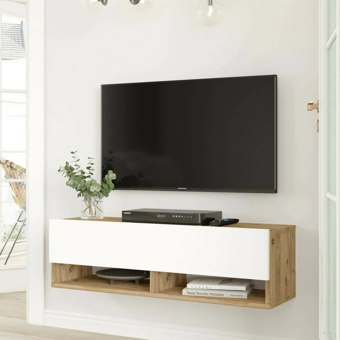Mobili Porta Tv|Salotto > Dmora Mobile TV quercia e bianco 180x31x29h cm 2 ante - Compasso Bianco, Marrone Quercia