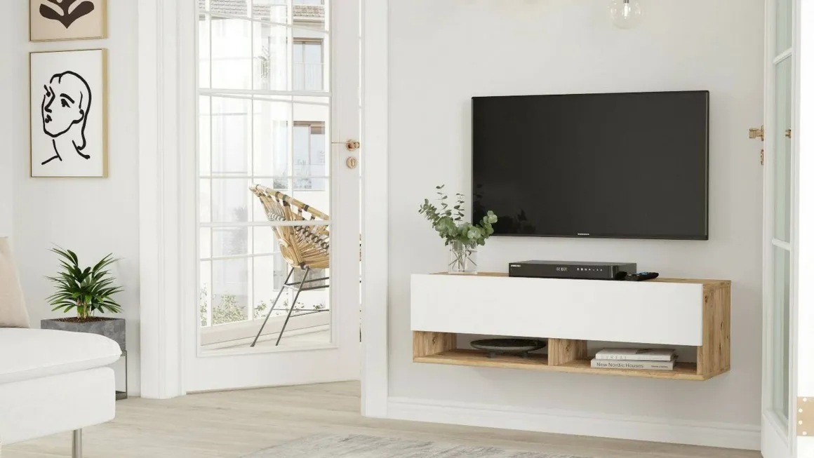 Mobili Porta Tv|Salotto > Dmora Mobile TV quercia e bianco 180x31x29h cm 2 ante - Compasso Bianco, Marrone Quercia