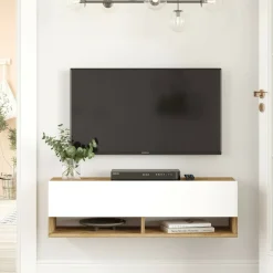 Mobili Porta Tv|Salotto > Dmora Mobile TV quercia e bianco 180x31x29h cm 2 ante - Compasso Bianco, Marrone Quercia